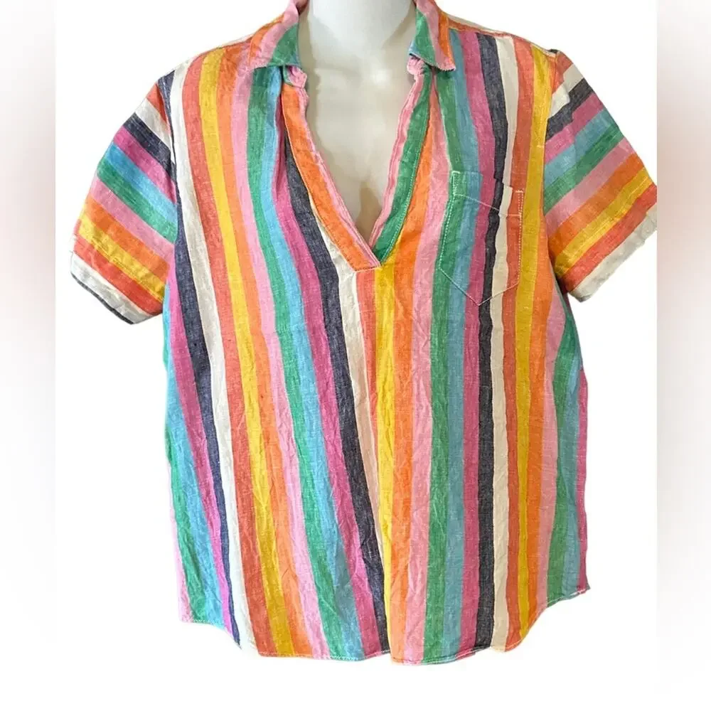 J. Crew Womens Cotton Striped XS Collared Blouse with Short Sleeves